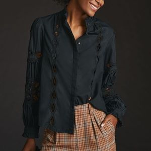 Anthropologie Cutwork Peasant Black Crochet Detail Button Up Blouse, XS, NWOT
